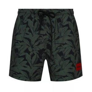 New HUGO LEAF-PRINT SWIM SHORTS WITH RED LOGO LABEL Swim Shorts Size Small